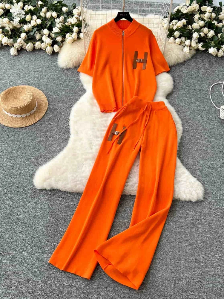 Knitted Two-Piece Set (Cardigan & Wide-Leg Pants)
