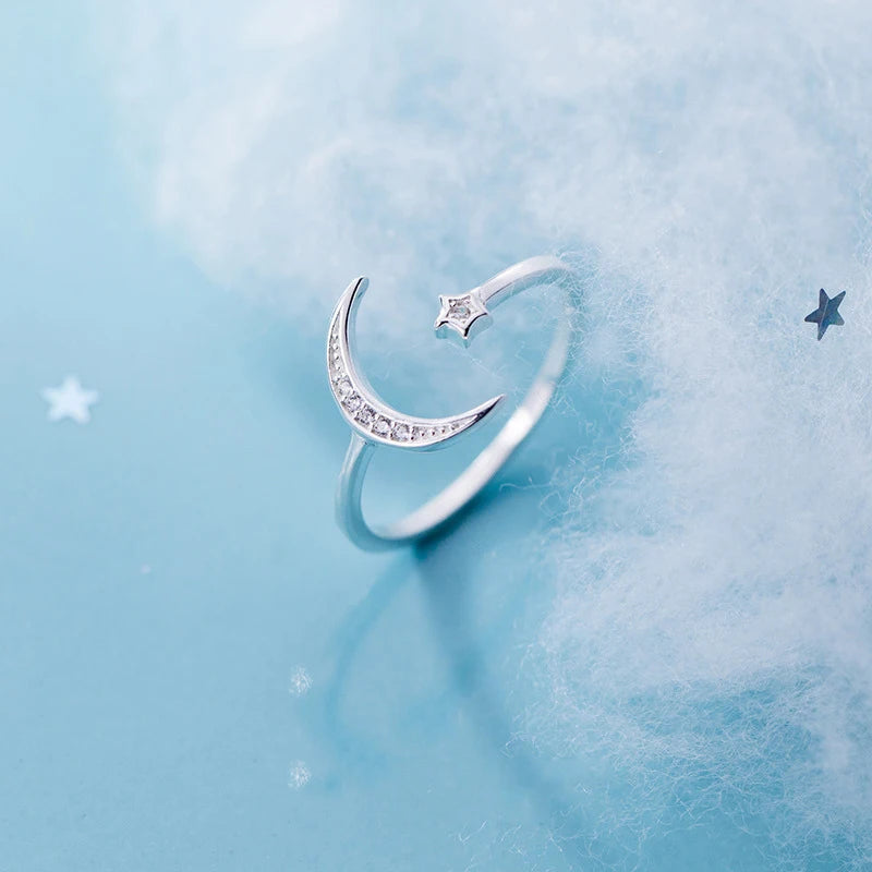 Sterling Silver Star & Moon Zircon Ring