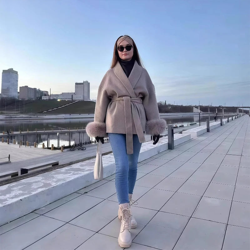 Lace-Up Woolen Coat with Furry Cuffs