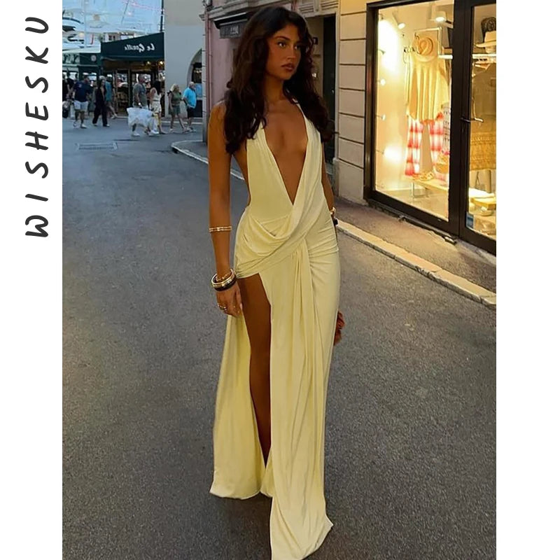 Deep V Backless Maxi Dress