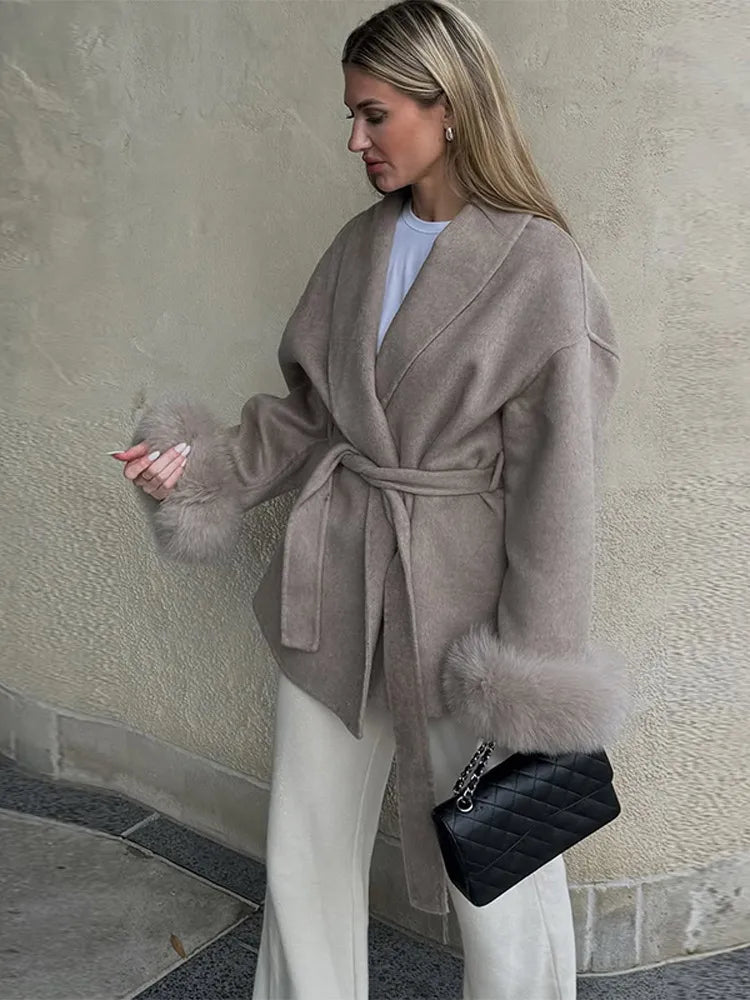Chic Lapel Tweed Coat with Faux Fur Sleeves