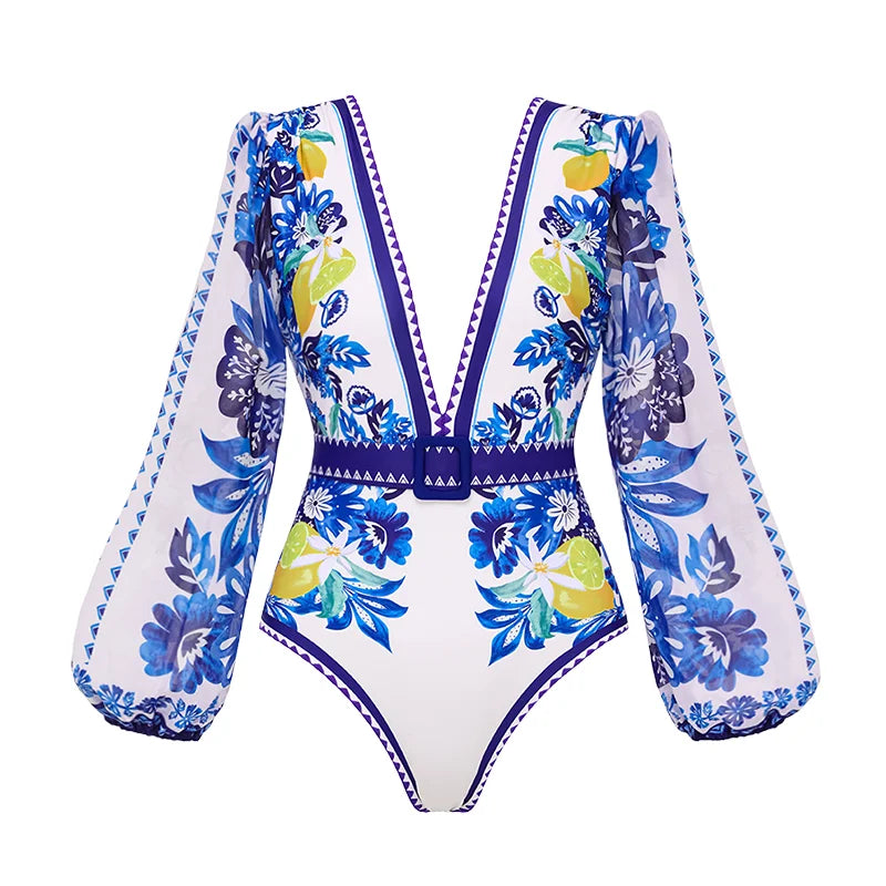 Long Sleeve Printed One-Piece Swimsuit Set