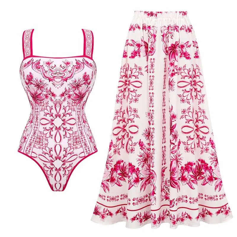 Long Sleeve Printed One-Piece Swimsuit Set