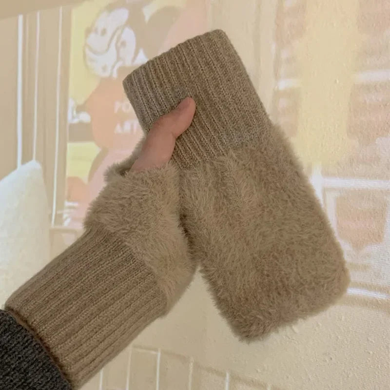Plush Knitted Fingerless Gloves