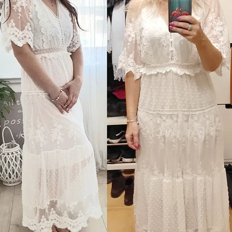 White Lace V-Neck Maxi Dress
