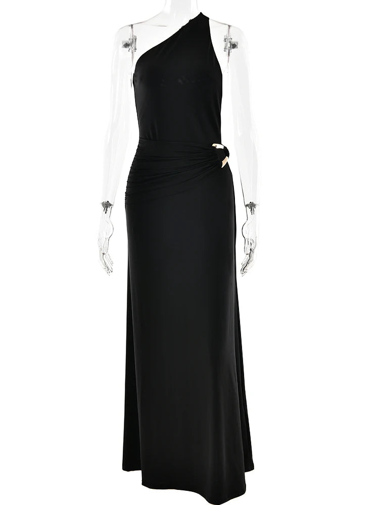 One-Shoulder Metal Button Maxi Dress