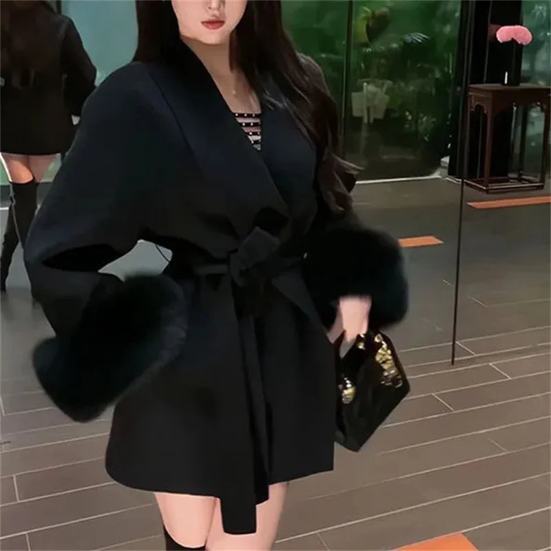 Woolen Coat with Furry Sleeve Detail