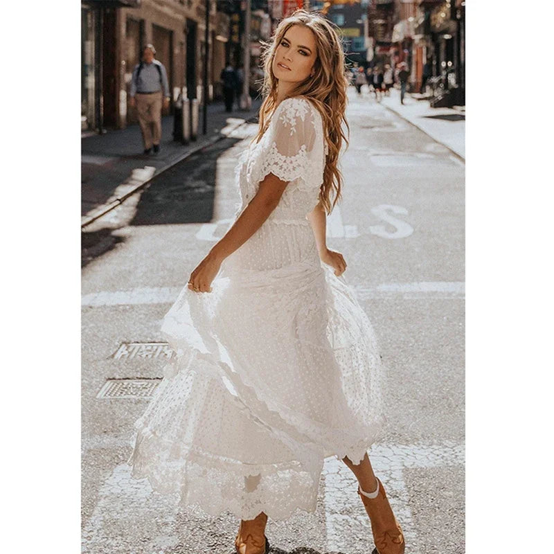 White Lace V-Neck Maxi Dress