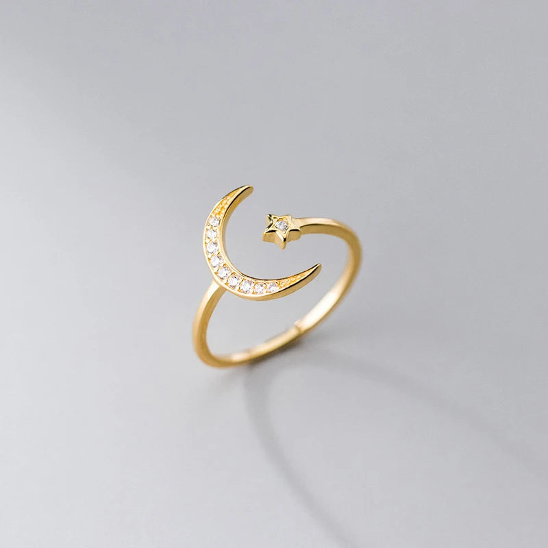 Sterling Silver Star & Moon Zircon Ring