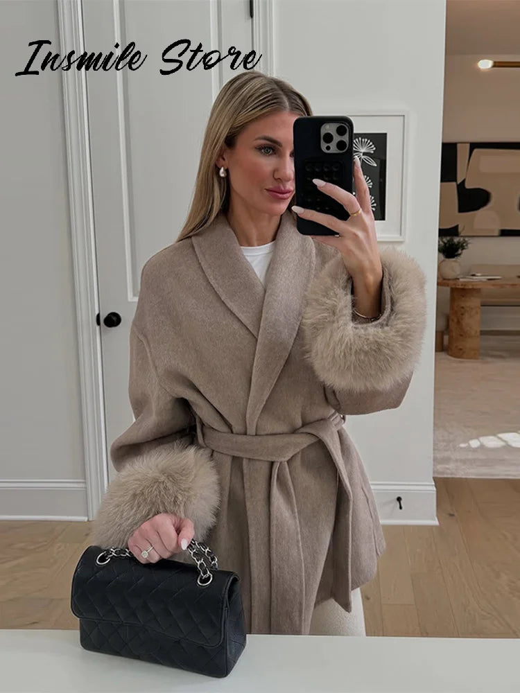 Lace-Up Woolen Coat with Furry Cuffs