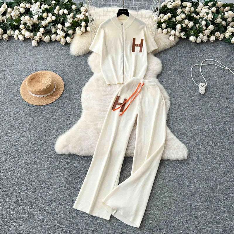 Knitted Two-Piece Set (Cardigan & Wide-Leg Pants)