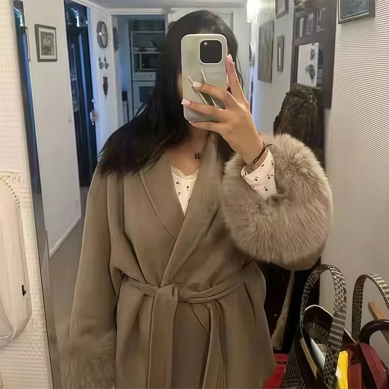 Lace-Up Woolen Coat with Furry Cuffs