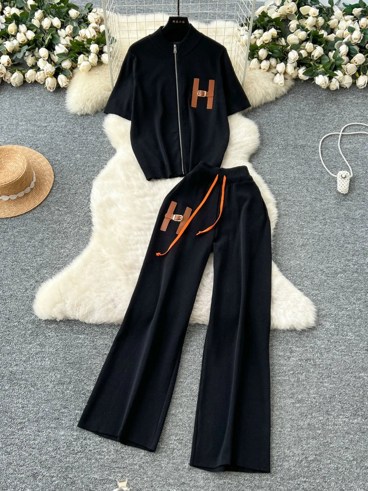 Knitted Two-Piece Set (Cardigan & Wide-Leg Pants)