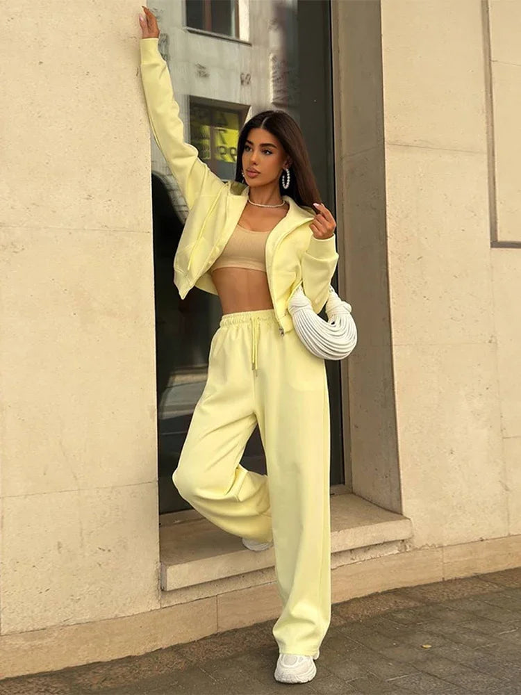 Hooded Zipper Top & Wide-Leg Pants Set