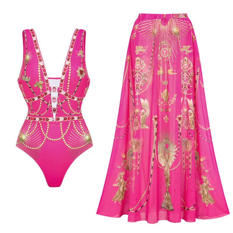 Metallic Print Push-Up One-Piece Swimsuit
