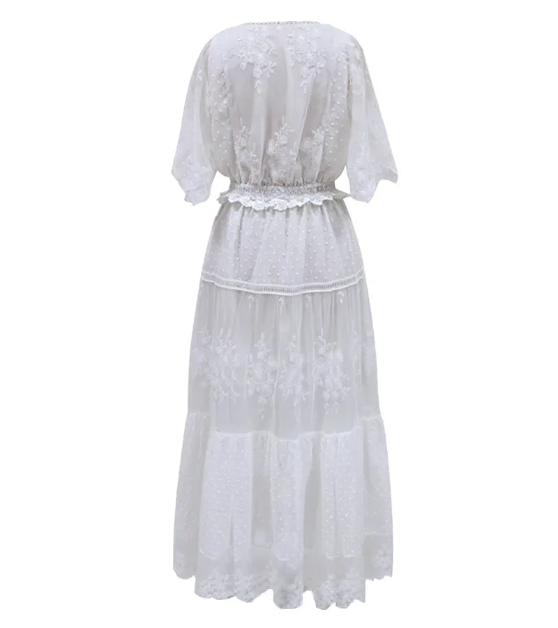 White Lace V-Neck Maxi Dress