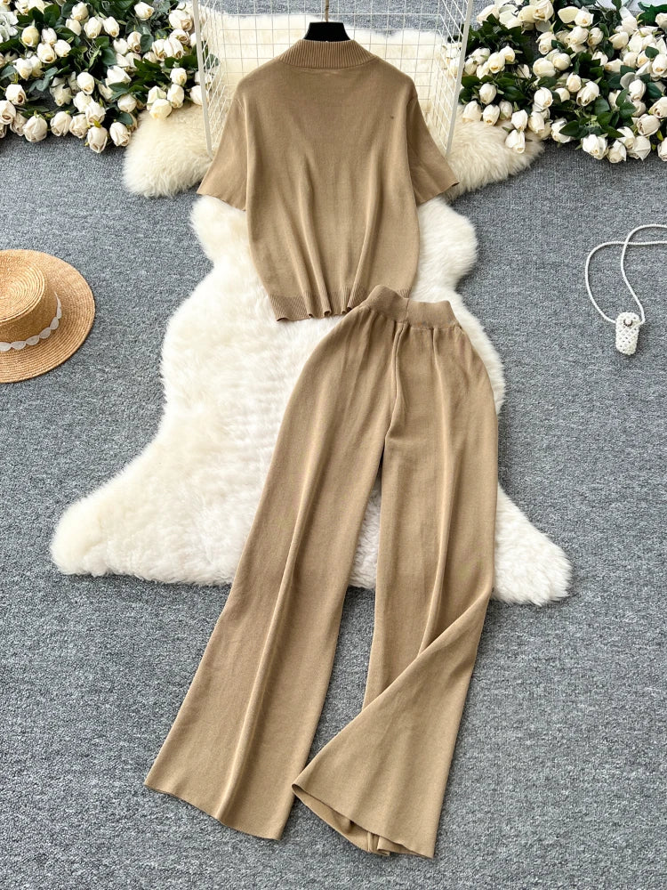 Knitted Two-Piece Set (Cardigan & Wide-Leg Pants)