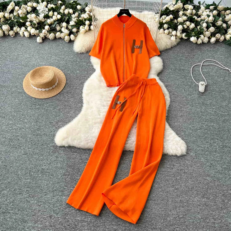 Knitted Two-Piece Set (Cardigan & Wide-Leg Pants)