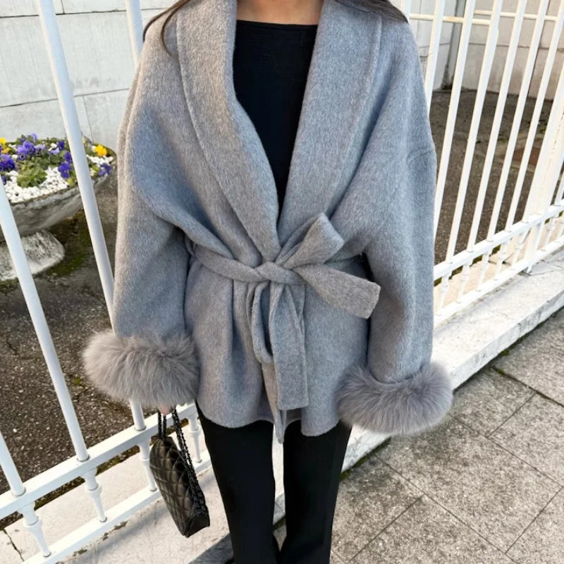 Lace-Up Woolen Coat with Furry Cuffs