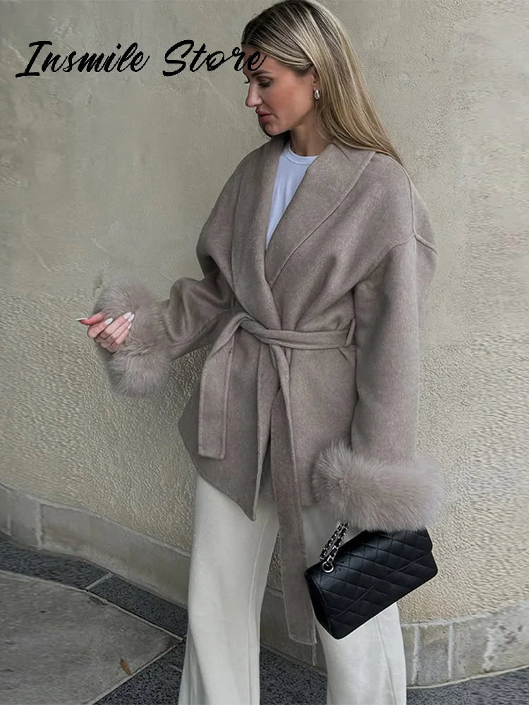 Lace-Up Woolen Coat with Furry Cuffs