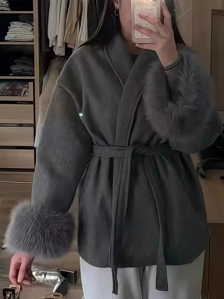 Chic Lapel Tweed Coat with Faux Fur Sleeves