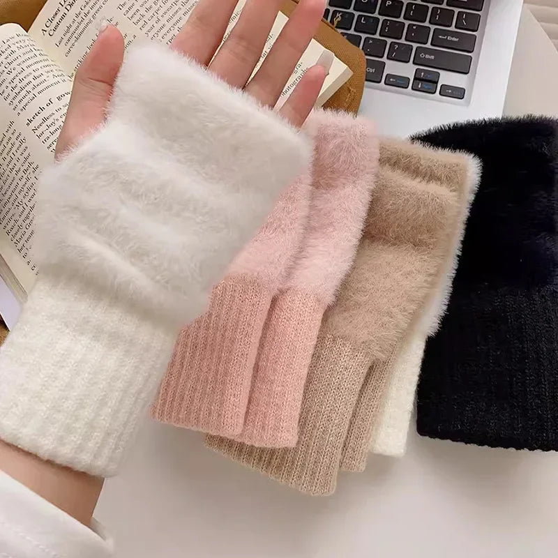 Plush Knitted Fingerless Gloves