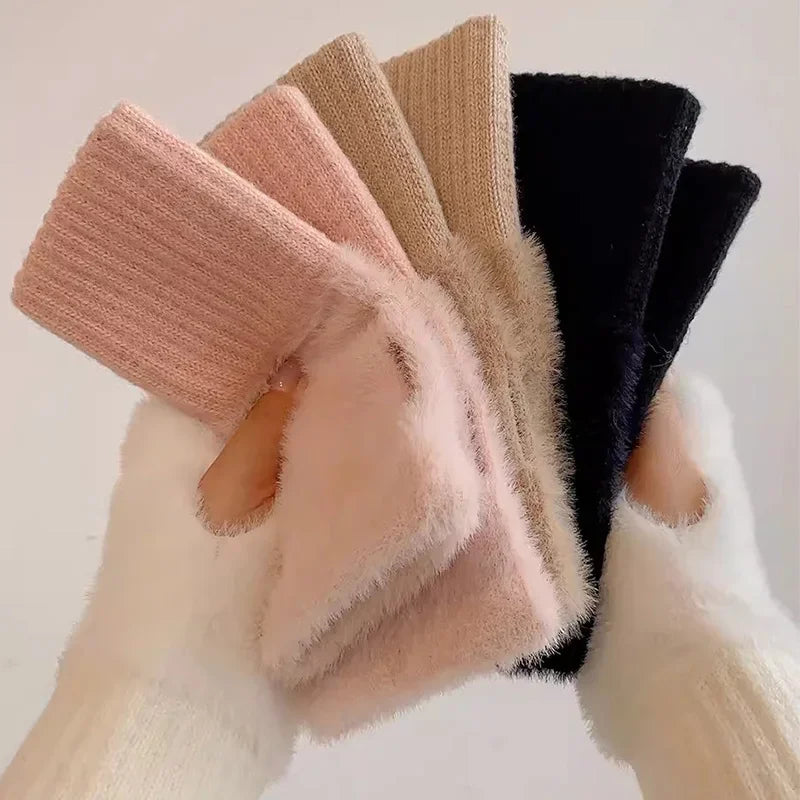 Plush Knitted Fingerless Gloves