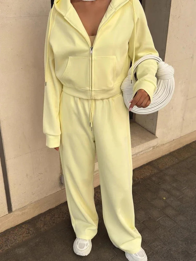 Hooded Zipper Top & Wide-Leg Pants Set