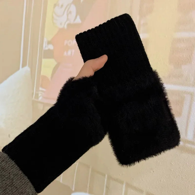 Plush Knitted Fingerless Gloves
