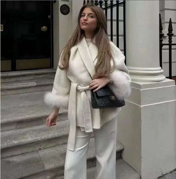 Lace-Up Woolen Coat with Furry Cuffs