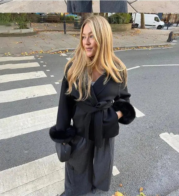 Lace-Up Woolen Coat with Furry Cuffs