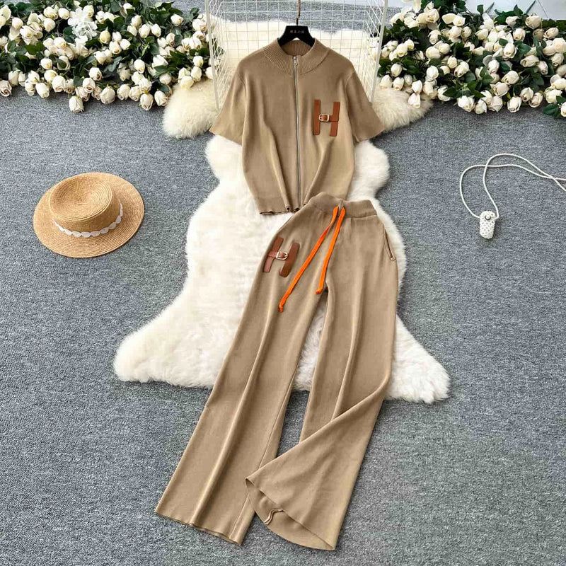Knitted Two-Piece Set (Cardigan & Wide-Leg Pants)