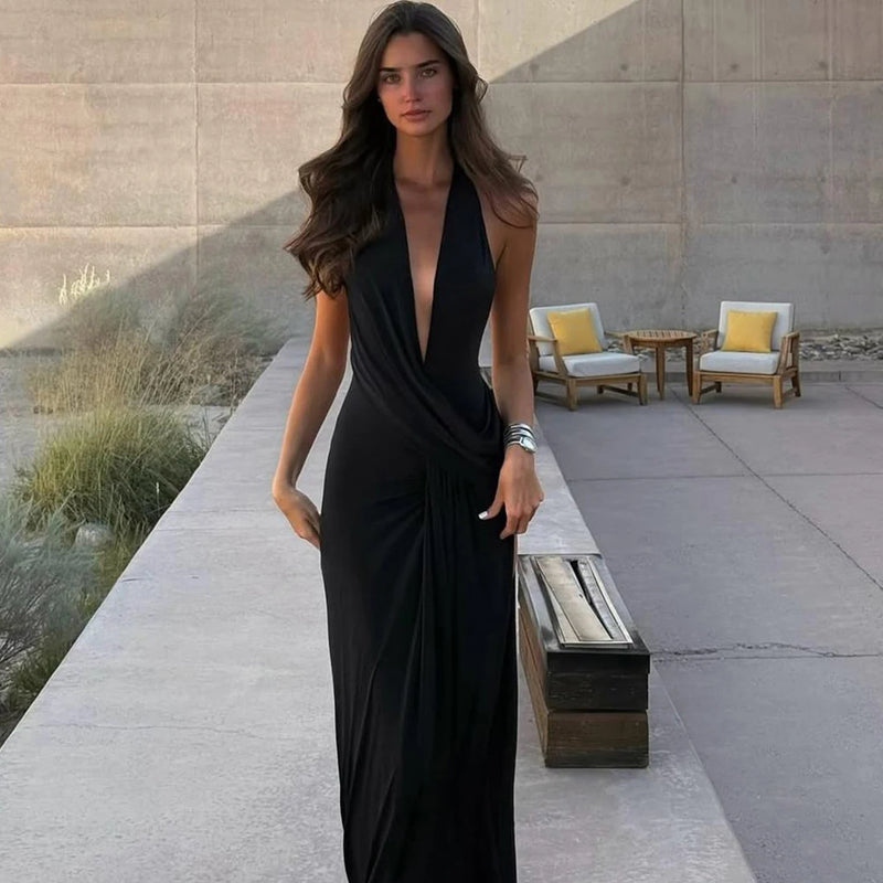 Deep V Backless Maxi Dress