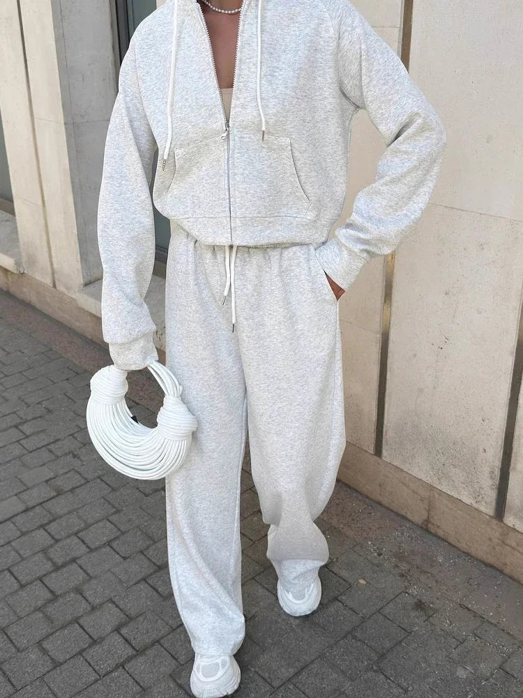 Hooded Zipper Top & Wide-Leg Pants Set