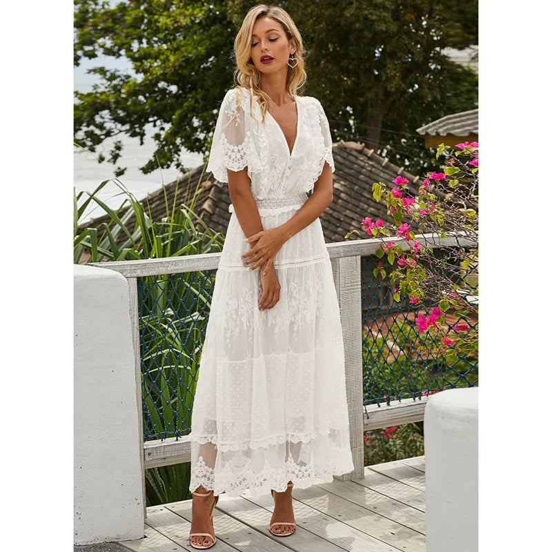 White Lace V-Neck Maxi Dress