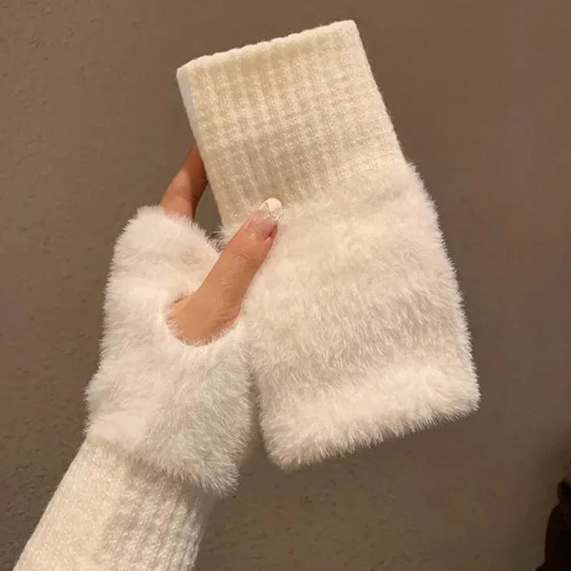 Plush Knitted Fingerless Gloves