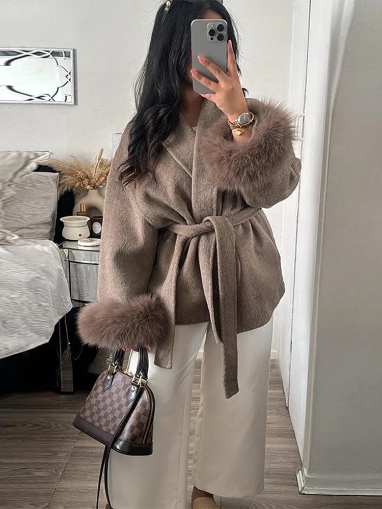 Chic Lapel Tweed Coat with Faux Fur Sleeves