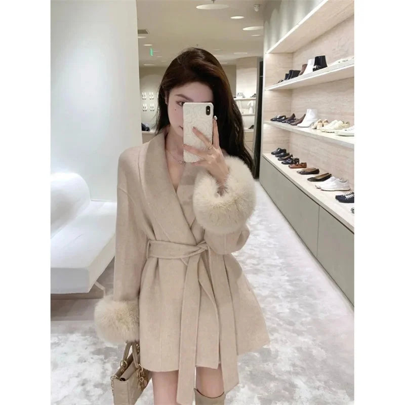 Woolen Coat with Furry Sleeve Detail