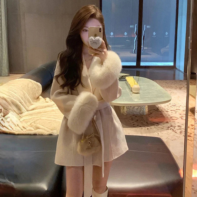 Woolen Coat with Furry Sleeve Detail