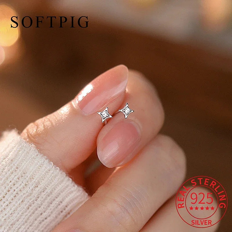 Sterling Silver Star Zircon Stud Earrings