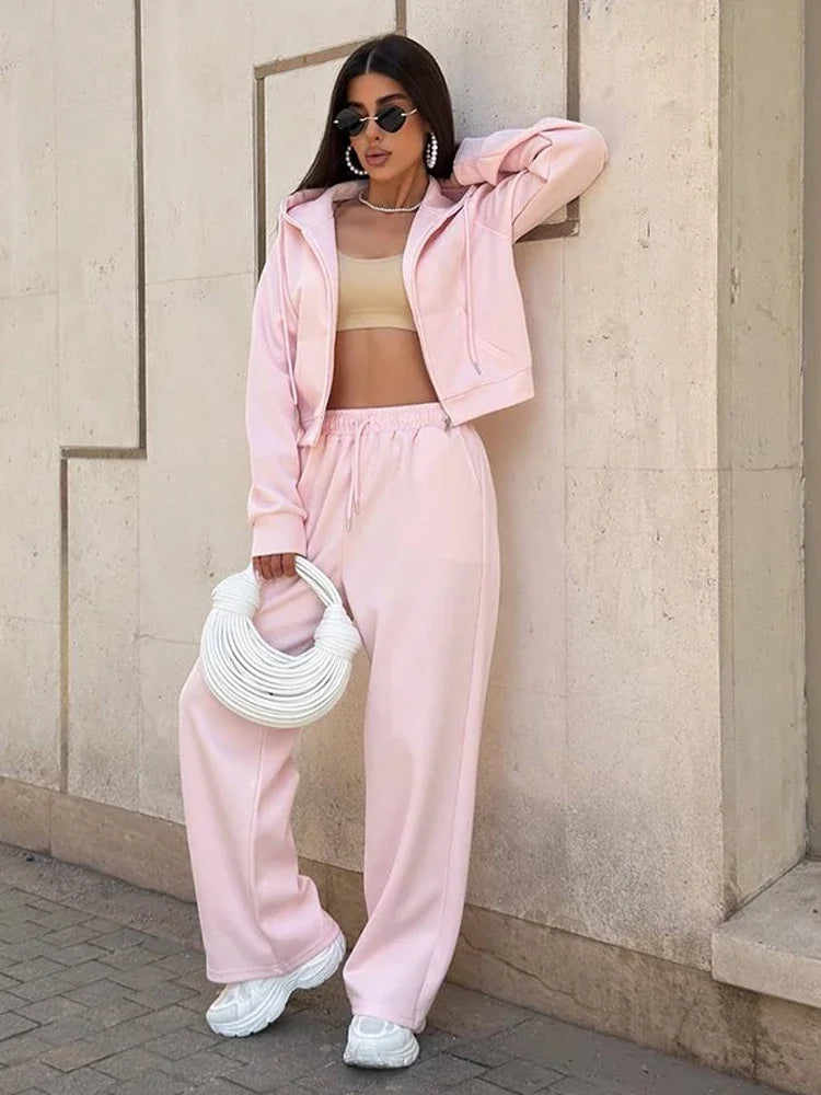 Hooded Zipper Top & Wide-Leg Pants Set