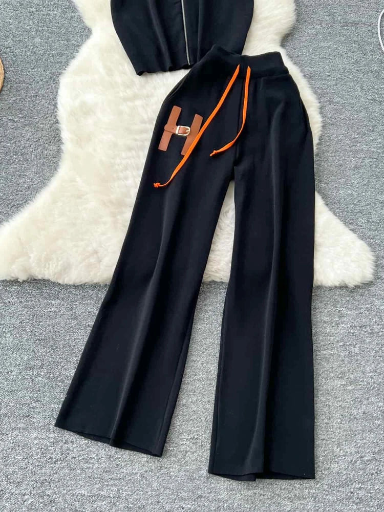 Knitted Two-Piece Set (Cardigan & Wide-Leg Pants)