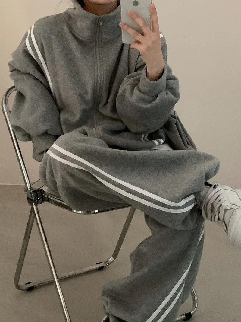 Zipper Jacket & Wide-Leg Pants Set