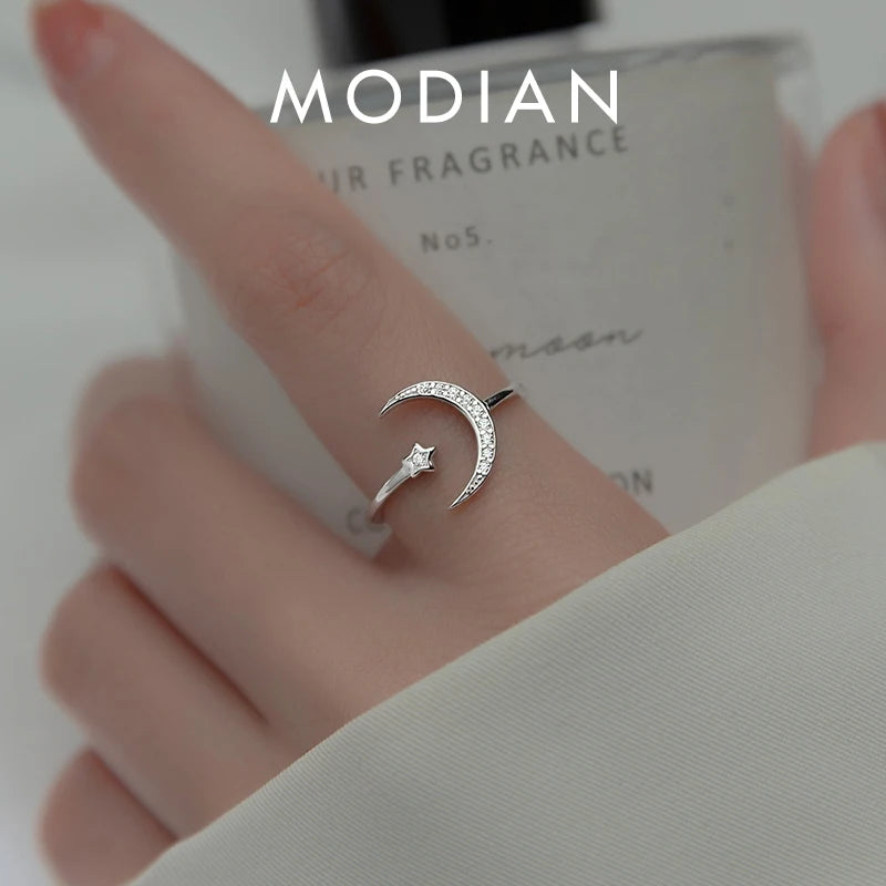 Sterling Silver Star & Moon Zircon Ring