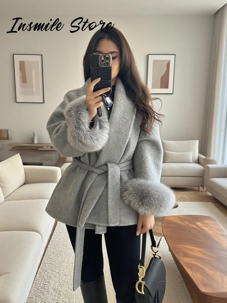 Lace-Up Woolen Coat with Furry Cuffs