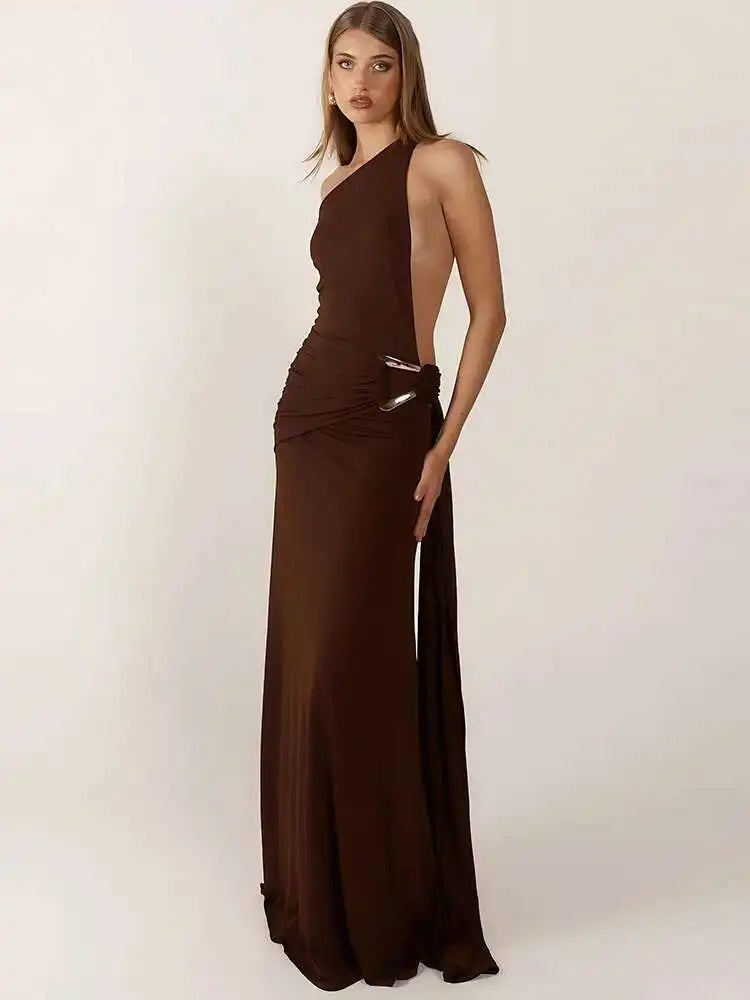One-Shoulder Metal Button Maxi Dress