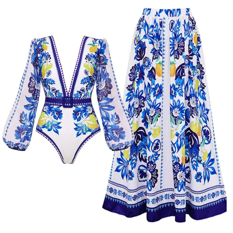 Long Sleeve Printed One-Piece Swimsuit Set