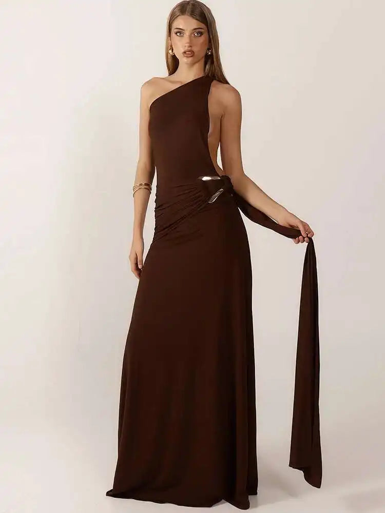 One-Shoulder Metal Button Maxi Dress