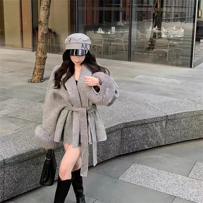 Woolen Coat with Furry Sleeve Detail