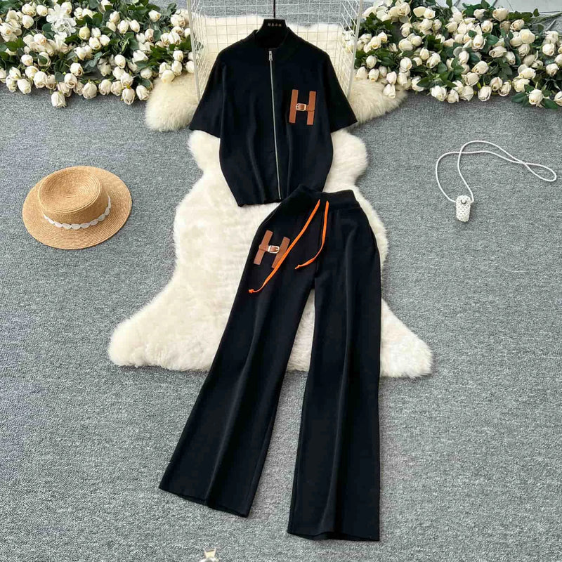 Knitted Two-Piece Set (Cardigan & Wide-Leg Pants)